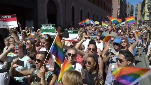 Desfile del Orgullo en Oslo Noruega. Mucha gente de disfraces con banderas de arco iris baila, canta y ríe en la calle . — Vídeos de Stock