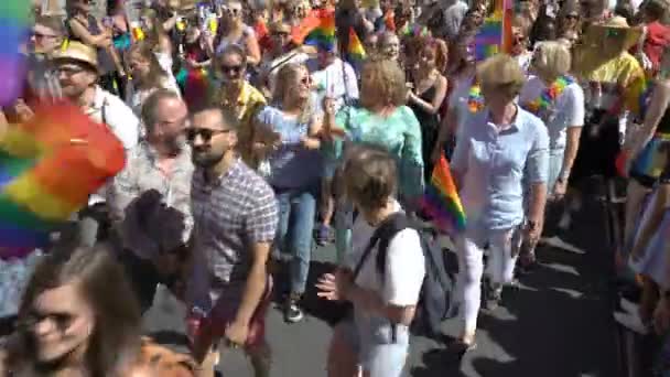 Desfile del Orgullo en Oslo Noruega. Mucha gente de disfraces con banderas de arco iris baila, canta y ríe en la calle . — Vídeos de Stock