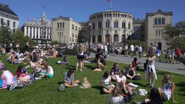 의회에서 오슬로, 노르웨이 건물 앞 잔디밭에 젊은 사람들이 많이. — 비디오