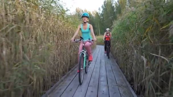 Twee vrouwen rijden fietsen op een houten ecologische parcours onder het riet — Stockvideo