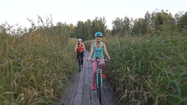 Two women ride bicycles on a wooden ecological trail among the reeds — Stock Video