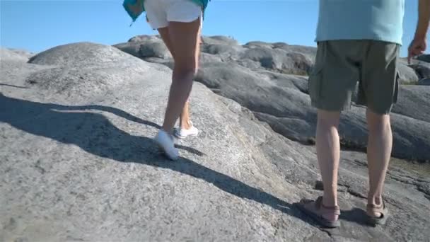 Happy Loving Mature Couple Enjoys Walk Coastal Stones Seashore Hold — Stock Video