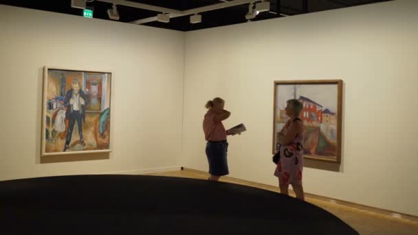 Museu Edward Munch em Oslo, Noruega. Visitantes admiram as obras-primas do gênio . — Vídeo de Stock