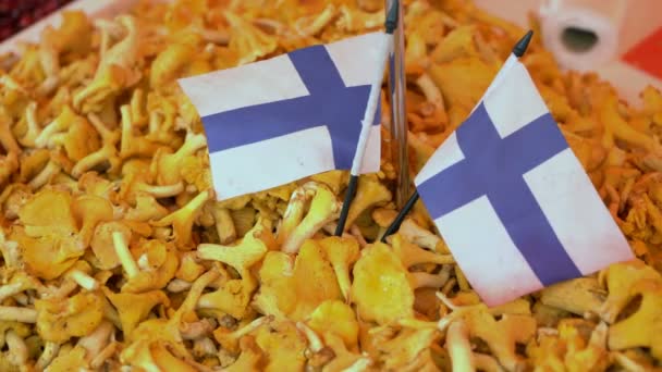 Lots of chanterelles on the counter of the street market — Stock Video