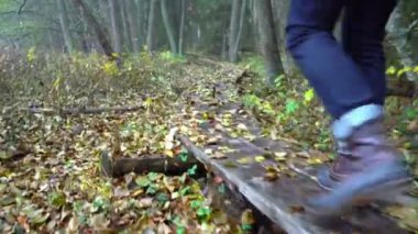 Orta yaşlı adam ile bir sonbahar ormanda doğal bir park ve ekolojik bir doğa iz üzerinde