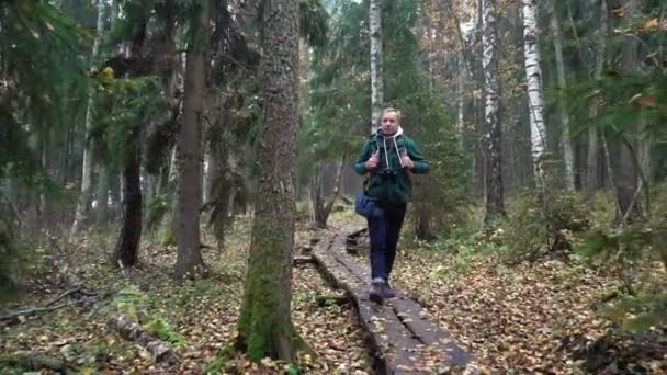 Hombre de mediana edad en un sendero de naturaleza ecológica a través de un bosque de otoño en un parque natural — Vídeos de Stock