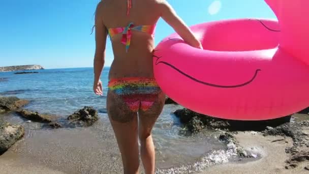 Denizin ve güneşin suya pembe bir şişme Flamingo ile yürüyen genç ince kadın sahiptir — Stok video