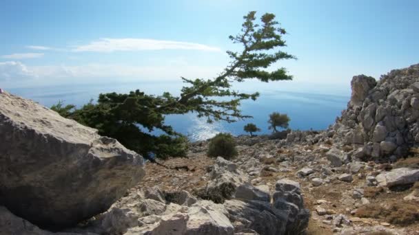 岩のビーチと地中海沿岸のロードス島の美しい景色。ギリシャ. — ストック動画