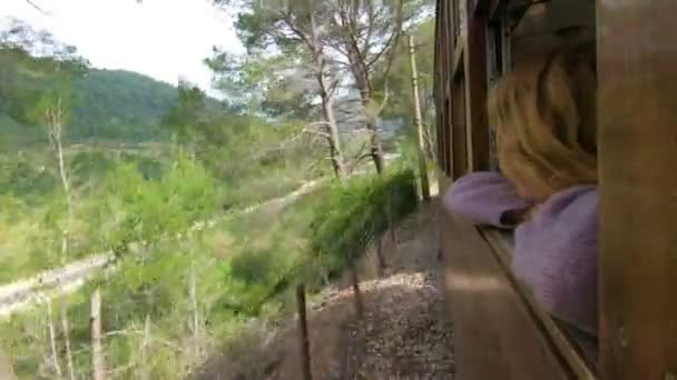 Une jeune femme appréciant voyager dans un vieux train, admirant de beaux endroits touristiques — Video