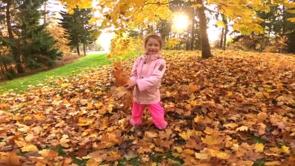 Pequeña risa chica bonita lanza hojas amarillas en el parque de otoño — Vídeo de stock