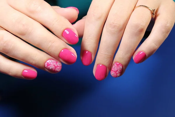 Summer manicure and nail color samples. Young woman hands with multicolored