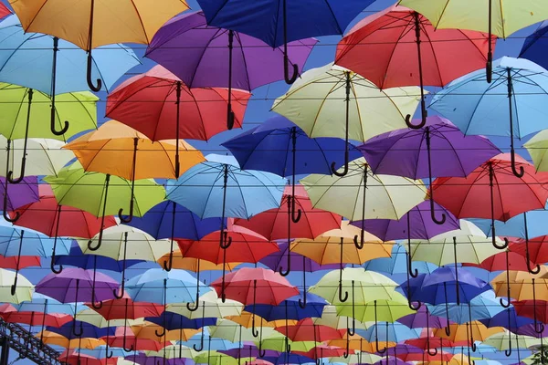 Colorful Umbrellas Flying Blue Sky Summer — Stock Photo, Image