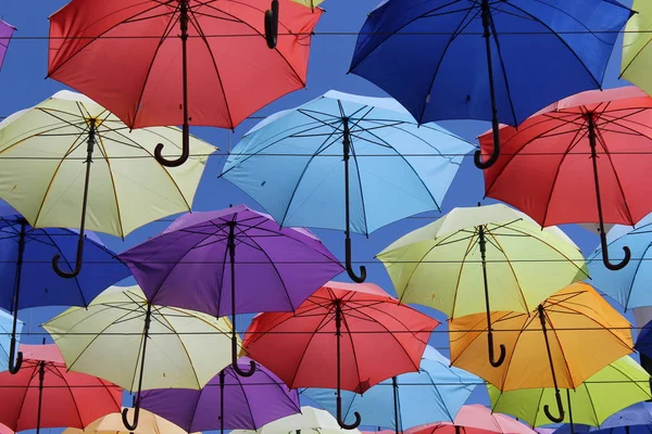 Çok renkli şemsiye güzel sokak. Güzel arka plan
