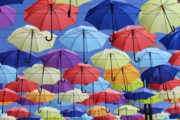 Colorful Umbrellas Flying Blue Sky Summer — Stock Photo, Image