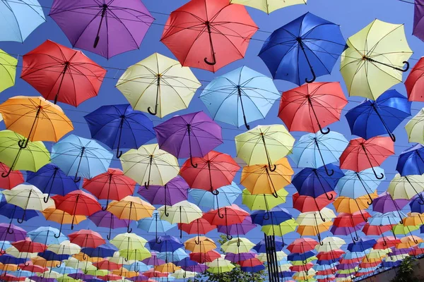 Bunte Regenschirme Schmücken Die Straßen Bunte Regenschirme Über Blauem Himmel — Stockfoto