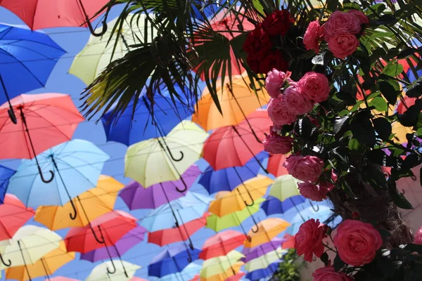 Palette Bonheur Fond Parasols Colorés Parapluies Colorés Rue Urbaine — Photo