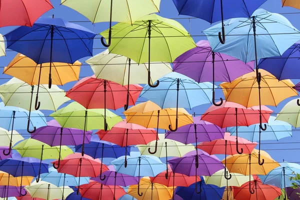 Colorful Umbrellas Flying Blue Sky Summer — Stock Photo, Image