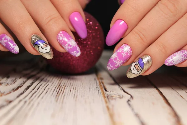 Manicura Uñas Navidad Invierno Estilo Vacaciones Brillante Manicura Con Gemas — Foto de Stock