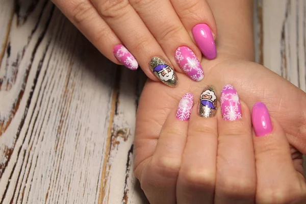 Bunte Weihnachtsnägel Winter Nageldesigns Mit Glitzern Strass Auf Kurzen Und — Stockfoto