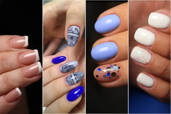 Collage diseño de uñas manicura. Diseño de manicura en tarjetas de visita —  Fotos de Stock