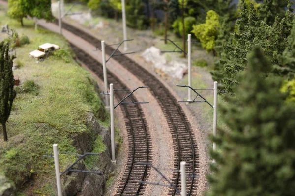 Trilhas Toy Railroad no fundo da natureza — Fotografia de Stock