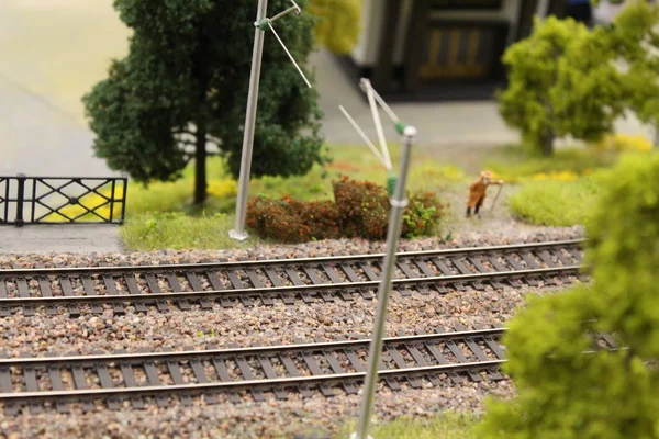 Doğa arka planda oyuncak demiryolu izler — Stok fotoğraf