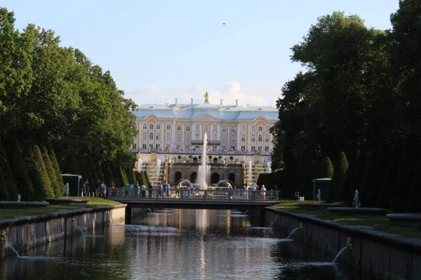 Peterhof, russland, 23. juli 2019. goldene statuen und brunnen im palastkomplex — Stockfoto