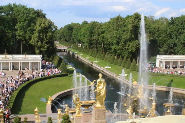 Peterhof, russland, 23. juli 2019. goldene statuen und brunnen im palastkomplex — Stockfoto