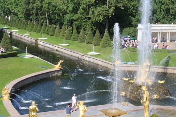 Peterhof, russland, 23. juli 2019. goldene statuen und brunnen im palastkomplex — Stockfoto