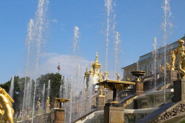 Peterhof, russland, 23. juli 2019. goldene statuen und brunnen im palastkomplex — Stockfoto