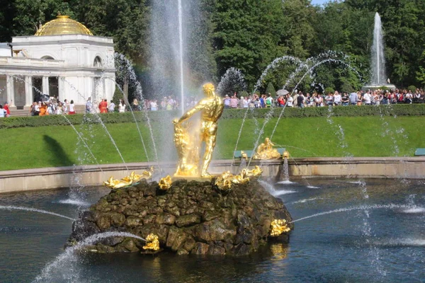 피터호프, 러시아, 2019년 7월 23일. 궁전 단지의 황금 동상과 분수 — 스톡 사진