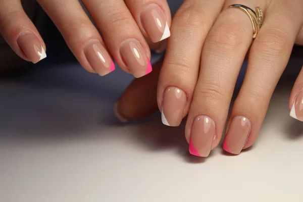 Closeup Photo Beautiful Female Hands Elegant Manicure Diamond Rings — Stock Photo, Image