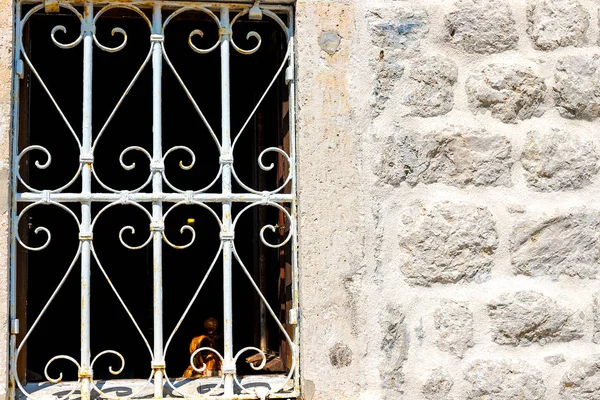 Authentic Stone Wall Beautiful Window Lattice Background Montenegro — Stock Photo, Image