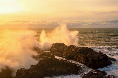Deniz manzarası. Atlantik Okyanusu bir kayaya günbatımında çökmesini dalgaları. Portuga