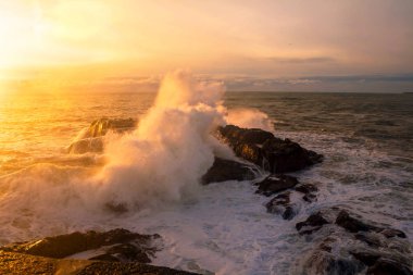 Deniz manzarası. Atlantik Okyanusu bir kayaya günbatımında çökmesini dalgaları. Portuga