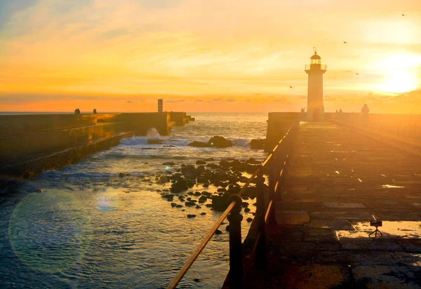 Seascape Waves Atlantic Ocean Crash Rocks Sunset Lighthouse Lisbon Portugal — Stock Photo, Image