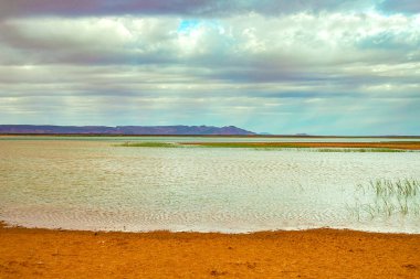 Sahra Çölü'nün eteklerinde şafakvakti Fas Gölü.