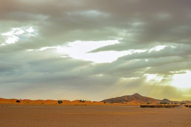 Hamada du Draa, ön planda Fas taş çöl, arka planda dağlar, Fas