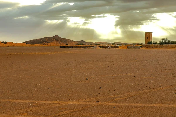 Hamada du Draa, deserto de pedra marroquina em primeiro plano, montanhas em segundo plano, Marrocos — Fotografia de Stock