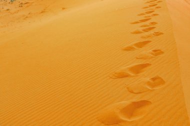 Tırmanma kum tepeleri, kum ayak izleri, gün doğumu, Sahra Çölü, Fas