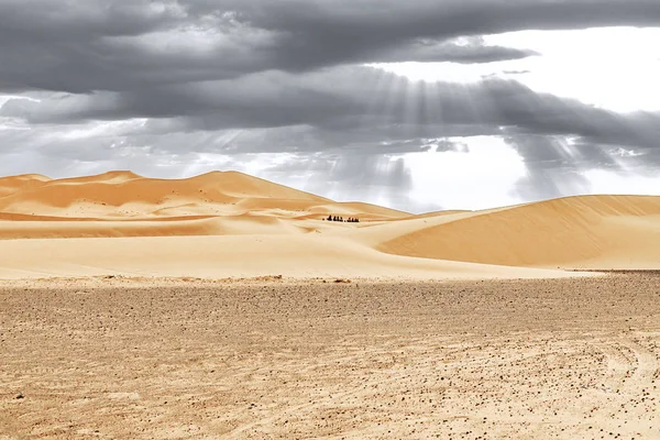 Caravana atravessando as dunas de areia no deserto do Saara — Fotografia de Stock