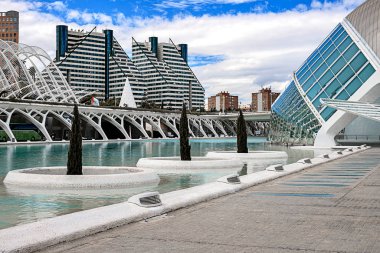 Valencia, İspanya - 17 Ağustos 2019. Sanat ve bilim şehrinin görünümü