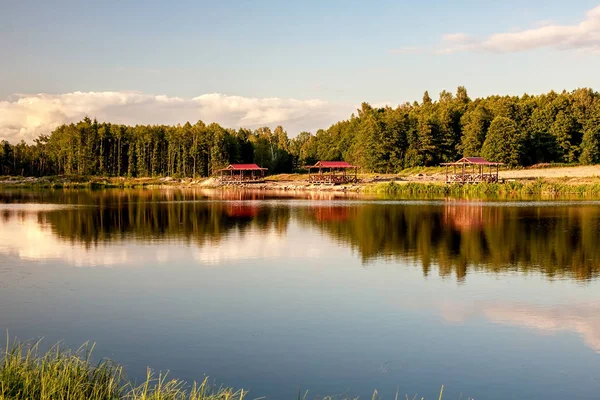 Dinlenme bölgesi. Çam ağaçlarıyla dolu bir orman gölünde mavi su. Orman suya yansıyor..