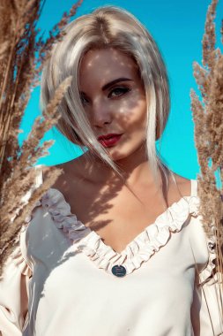 Güzel bir kızın portresi, gün batımında güneşli bir günde, tarlada uzun saçlı sarışın..