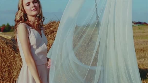 Una guapa rubia guarra se encuentra en un campo en un día soleado y endereza su cabello. — Vídeos de Stock