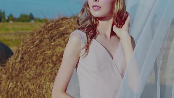 Красивая блондинка в солнечный день стоит в поле и выпрямляет волосы — стоковое видео