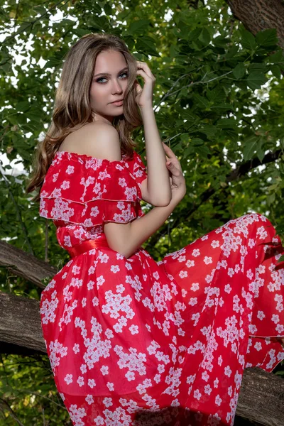 Una hermosa joven con la piel perfecta, con el pelo largo en un vestido rojo se encuentra en una rama de árbol con un aspecto relajado y lánguido . —  Fotos de Stock