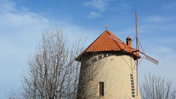 Widok Beauiful Wiatrak Farmie Wczesną Jesienią Błękitne Niebo Tle — Wideo stockowe