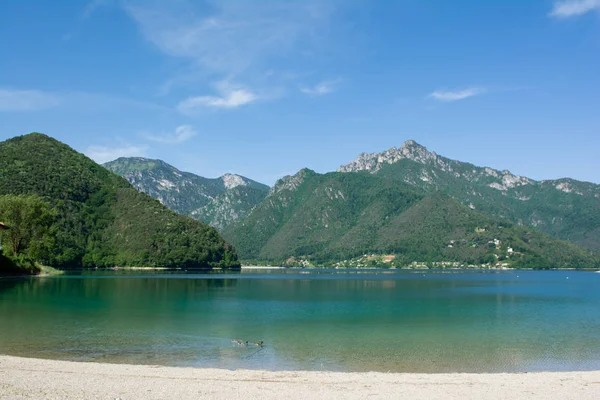 Ön planda yüzen ördekler ile Ledro Gölü manzarası. Trento