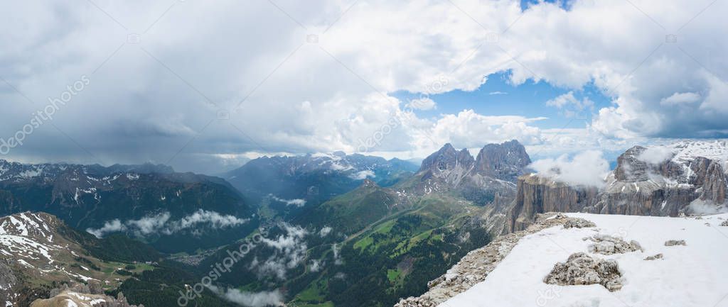Panorama of Val di Fassa and Dolomites Alps, Italy. Thunderstorm